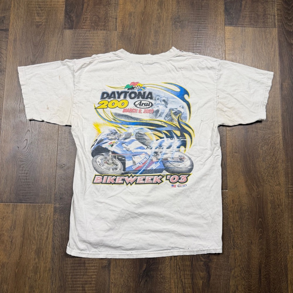 Vintage 2003 Daytona 200 Bike Week T-Shirt White Large Thrashed Racing Tee